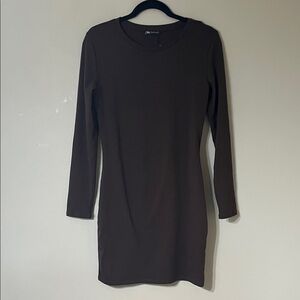 Zara Long-Sleeve Crew Neck Bodycon Dress in Dark Brown